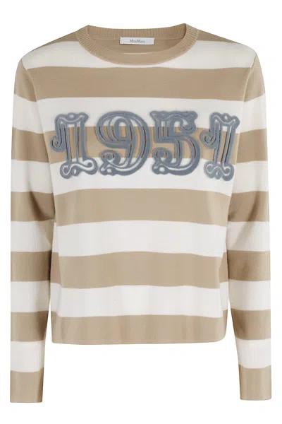 Max Mara Wool Sweater With Embroidered Stripes And Crew Neck In Brown