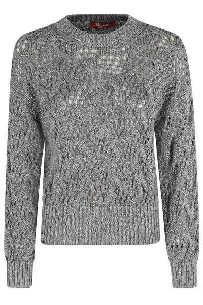 Max Mara Cropped Grey Open-knit Sweater With Metallic Finish In Gray