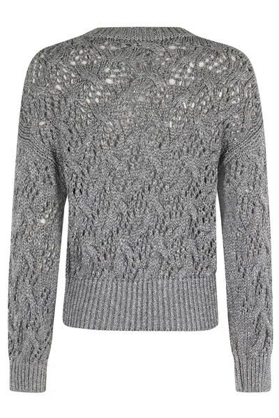 Max Mara Cropped Grey Open-knit Sweater With Metallic Finish In Gray