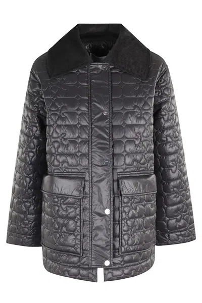 Ganni Shiny Black Quilted Midi Jacket With Pointed Collar In Gray