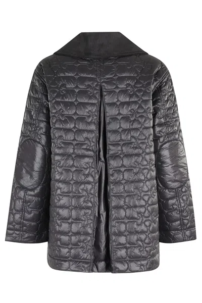 Ganni Shiny Black Quilted Midi Jacket With Pointed Collar In Gray