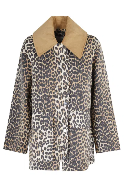 Ganni Leopard Printed Canvas Midi Puffer Jackets Brown In Animal Print