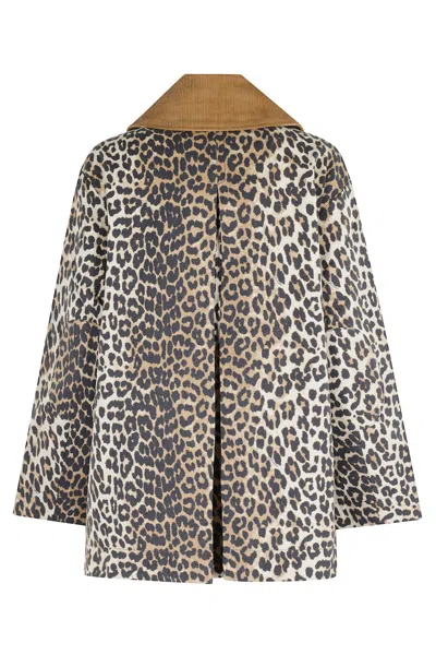 Ganni Leopard Printed Canvas Midi Puffer Jackets Brown In Animal Print
