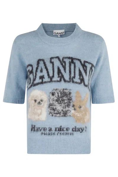 Ganni Light Blue Wool And Cashmere Blend T-shirt With Print