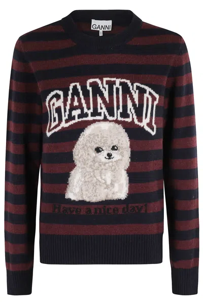 Ganni Graphic Wool Mix Poodle Stripe Crewneck Knitwear Multicolor In Blue
