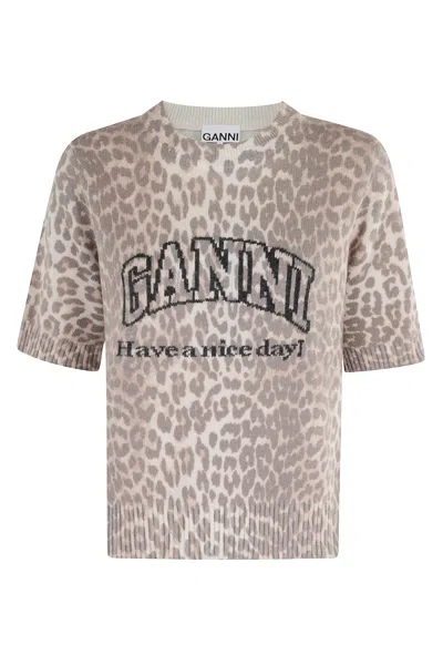 Ganni Leopard Wool T-shirt In Pattern