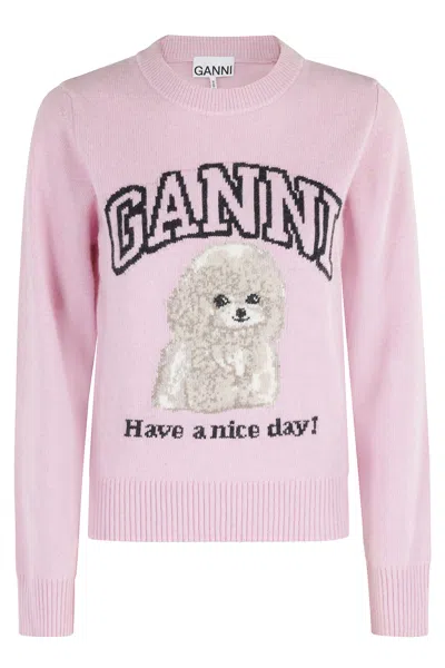 Ganni Poodle Pink Crewneck Jumper In Pink