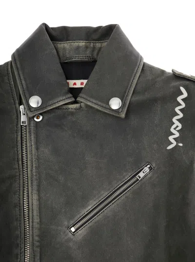 Marni Vintage Effect Leather Biker Jacket Kids In Green