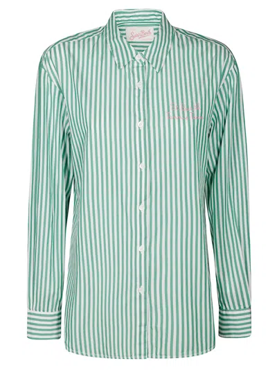Mc2 Saint Barth Aqua Green Striped Shirt With Embroidered Details