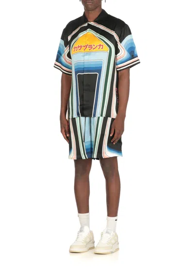 Casablanca Mountain Graphic Silk Shirt With Elastic Waistband In Black