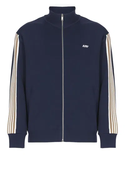 Autry High-collar Blue Jacket With Vertical Stripes And Ribbed Cuffs In Black