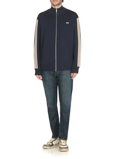 Autry High-collar Blue Jacket With Vertical Stripes And Ribbed Cuffs In Black