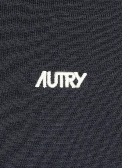 Autry High-collar Blue Jacket With Vertical Stripes And Ribbed Cuffs In Black