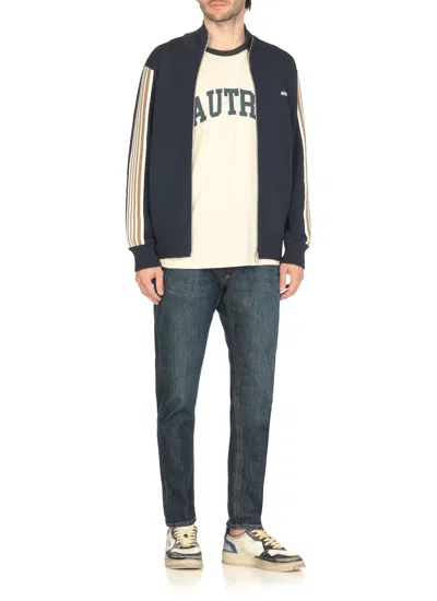 Autry High-collar Blue Jacket With Vertical Stripes And Ribbed Cuffs In Black