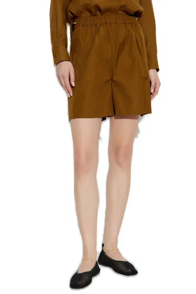 Max Mara Haway Elastic Waist Cotton Poplin Shorts In Brown