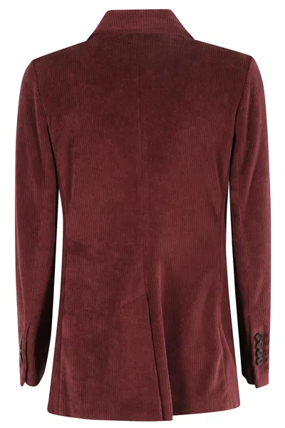 Circolo 1901 Structured Double-breasted Corduroy Jacket With Striped Pocket Square In Burgundy