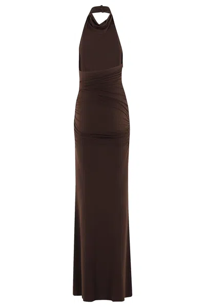 The Andamane Stella Maxi Turtleneck Open Back Maxi Dress In Brown