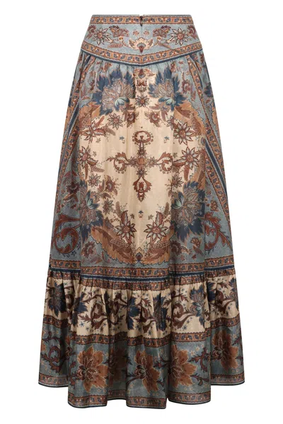 Zimmermann Women Indienne Floral Habotai Silk Ascension Tiered Midi Skirt In Brown