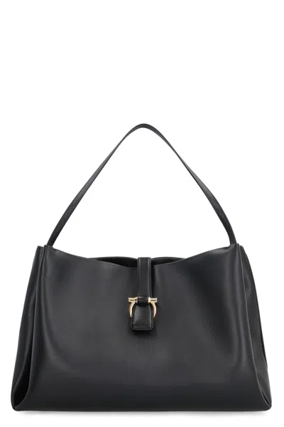 Ferragamo Buckle Double Handles Shoulder Bag In Black
