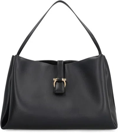 Ferragamo Buckle Double Handles Shoulder Bag In Black