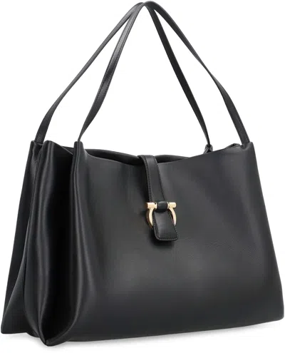 Ferragamo Buckle Double Handles Shoulder Bag In Black