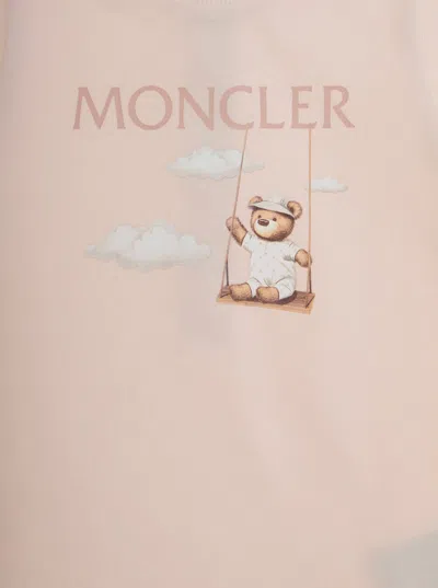 Moncler Pink Romper With Logo Patch On The Sleeve And Front Print In Cotton Baby In Neutral
