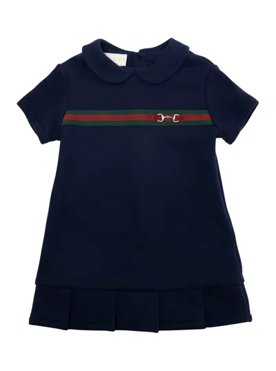 Gucci Blue Dress With Peter Pan Collar And Web Detail With Horsebit On The Front In Cotton Baby In Blue