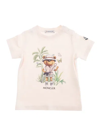 Moncler Pink T-shirt With Maxi Logo Print On The Front And Button Closure On The Sleeve In Cotton Stretch Ba In Pink