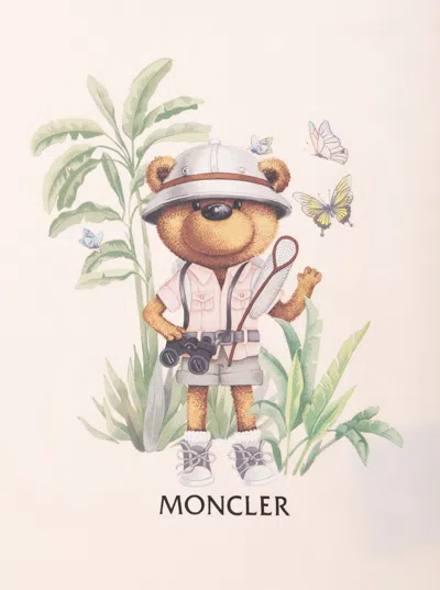 Moncler Pink T-shirt With Maxi Logo Print On The Front And Button Closure On The Sleeve In Cotton Stretch Ba In Pink