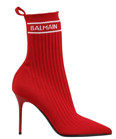 Balmain Intarsia Logo High Stiletto Heel Red Boots In Red