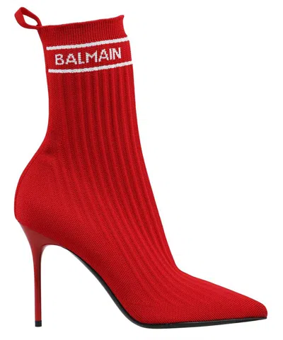 Balmain Intarsia Logo High Stiletto Heel Red Boots In Red
