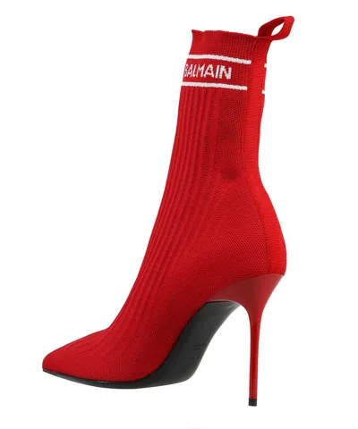 Balmain Intarsia Logo High Stiletto Heel Red Boots In Red