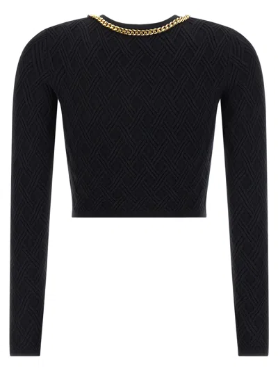 Elisabetta Franchi Diamond Knit Cardigan With Black Jewel Detail In Black