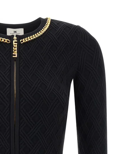 Elisabetta Franchi Diamond Knit Cardigan With Black Jewel Detail In Black