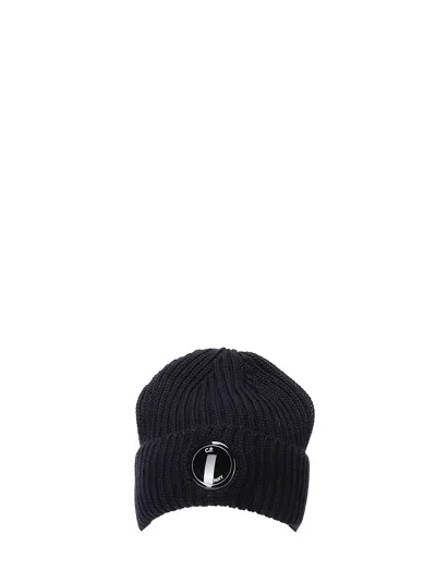 C.p. Company Blue Knit Beanie With Logo Plaque On The Front In Wool Man In Black