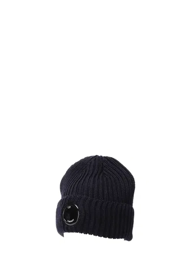 C.p. Company Blue Knit Beanie With Logo Plaque On The Front In Wool Man In Black