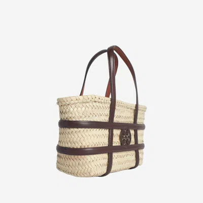 Tory Burch Small Ella Shopping Bag In Straw Classic Leather Color In Brown