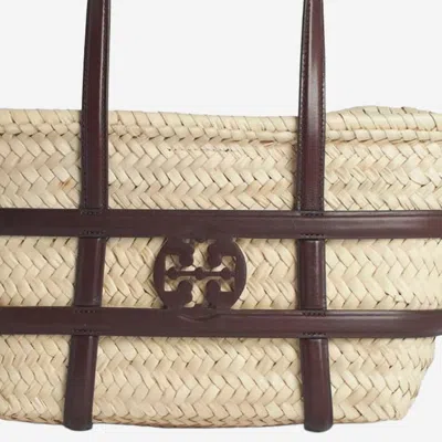 Tory Burch Small Ella Shopping Bag In Straw Classic Leather Color In Brown