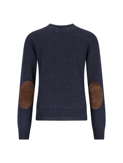 Maison Margiela Crewneck Sweater With Ribbed Cuffs And Elbow Patches In Blue