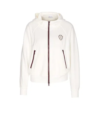 Brunello Cucinelli White Sweatshirt With Fixed Hood And Logo Patch On The Front In Cotton Blend Woman In White
