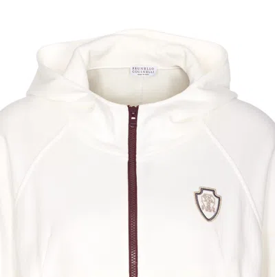 Brunello Cucinelli White Sweatshirt With Fixed Hood And Logo Patch On The Front In Cotton Blend Woman In White