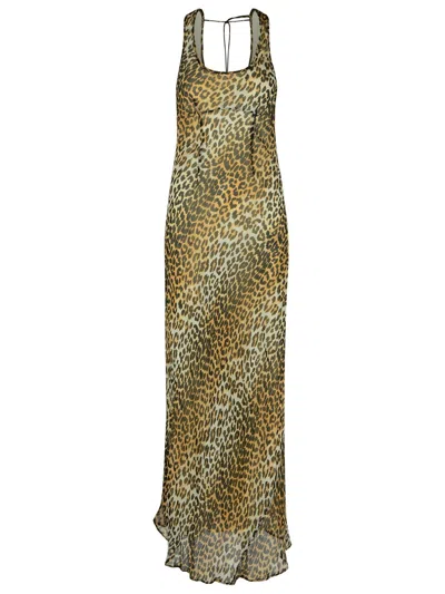 Ganni Animal Print Scoop Neckline Floor-length Dress In Brown