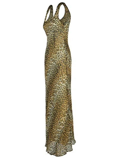 Ganni Animal Print Scoop Neckline Floor-length Dress In Brown