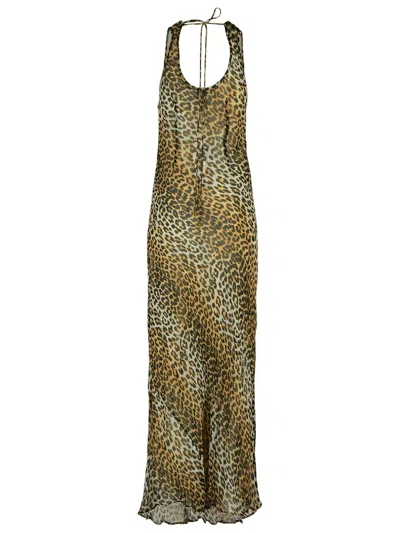 Ganni Animal Print Scoop Neckline Floor-length Dress In Brown