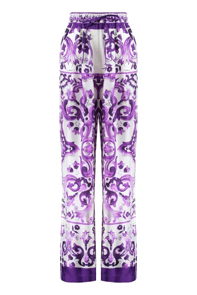Dolce & Gabbana Maiolica Print Silk Wide Leg Trousers In Multi