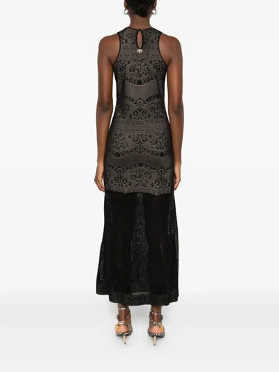 Twinset Twin-set Fitted Bodice Maxi Dress With Floral Lace Overlay In Black