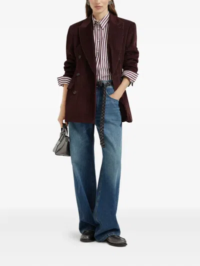 Brunello Cucinelli Bordeaux Velvet Double-breasted Jacket In Burgundy