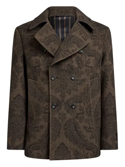 Etro Double-breasted Herringbone Paisley Coat In Brown