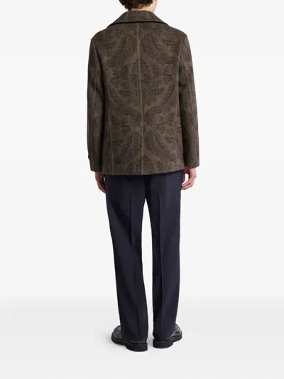 Etro Double-breasted Herringbone Paisley Coat In Brown