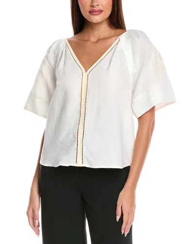 T Tahari V-neck Linen-blend Blouse In White